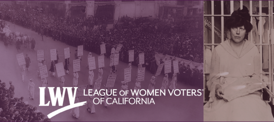 historical photos of LWV members marching; and woman sitting in cell